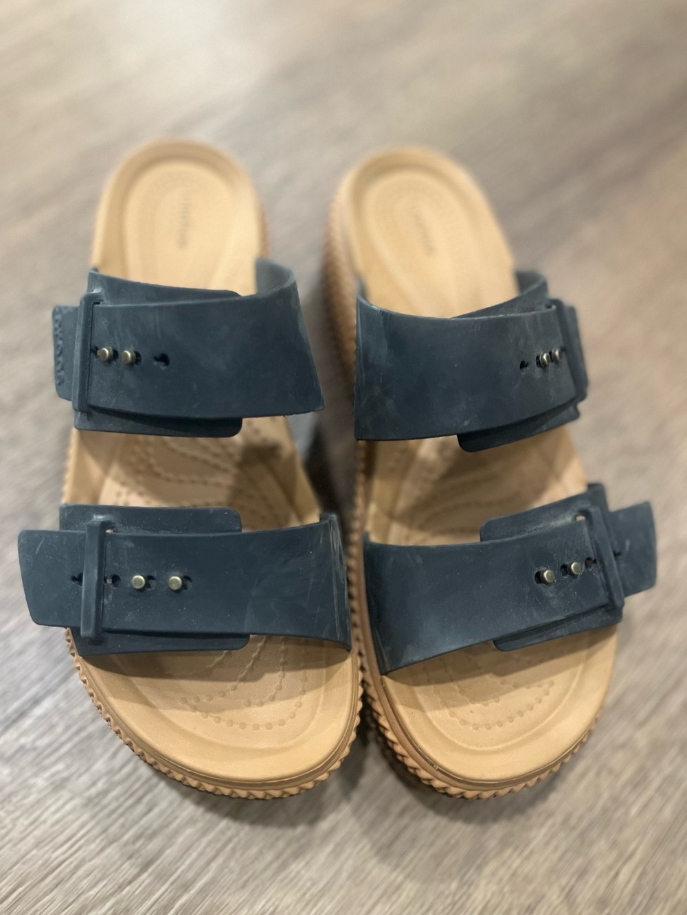 CROCS Platform Sandals in Black and Tan